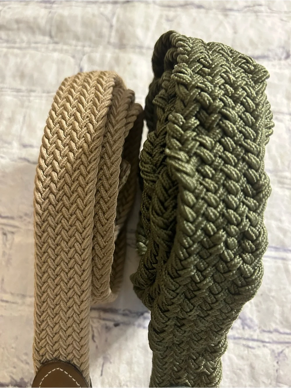 LOT OF (2) STRETCH BELTS OLIVE GREEN AND TAN SILVER TONE & ANTIQUE BUCKLES MEN